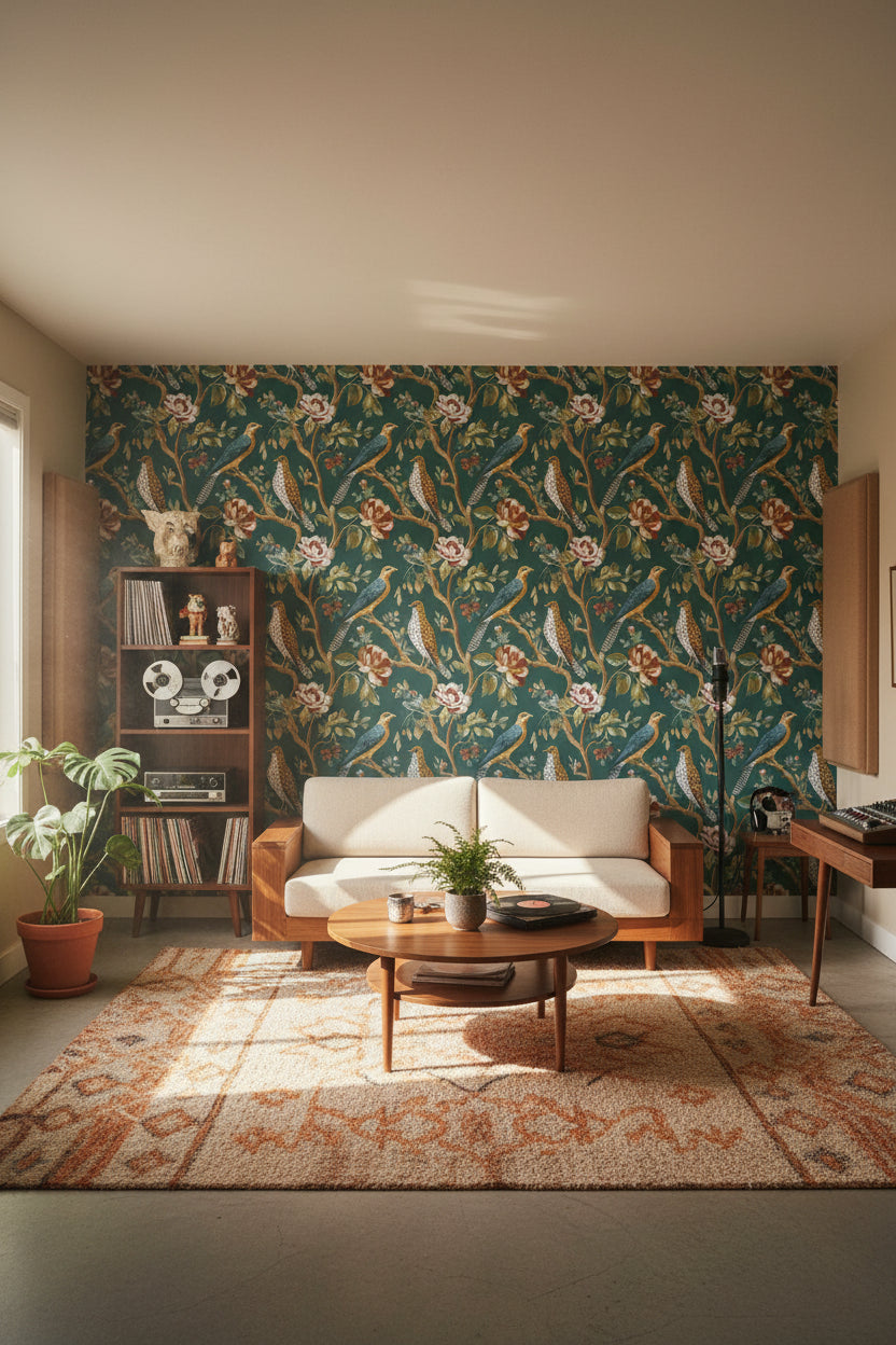 Emerald Green Floral and Bird Motif Wallpaper