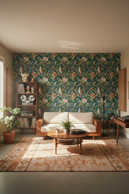 Emerald Green Floral and Bird Motif Wallpaper