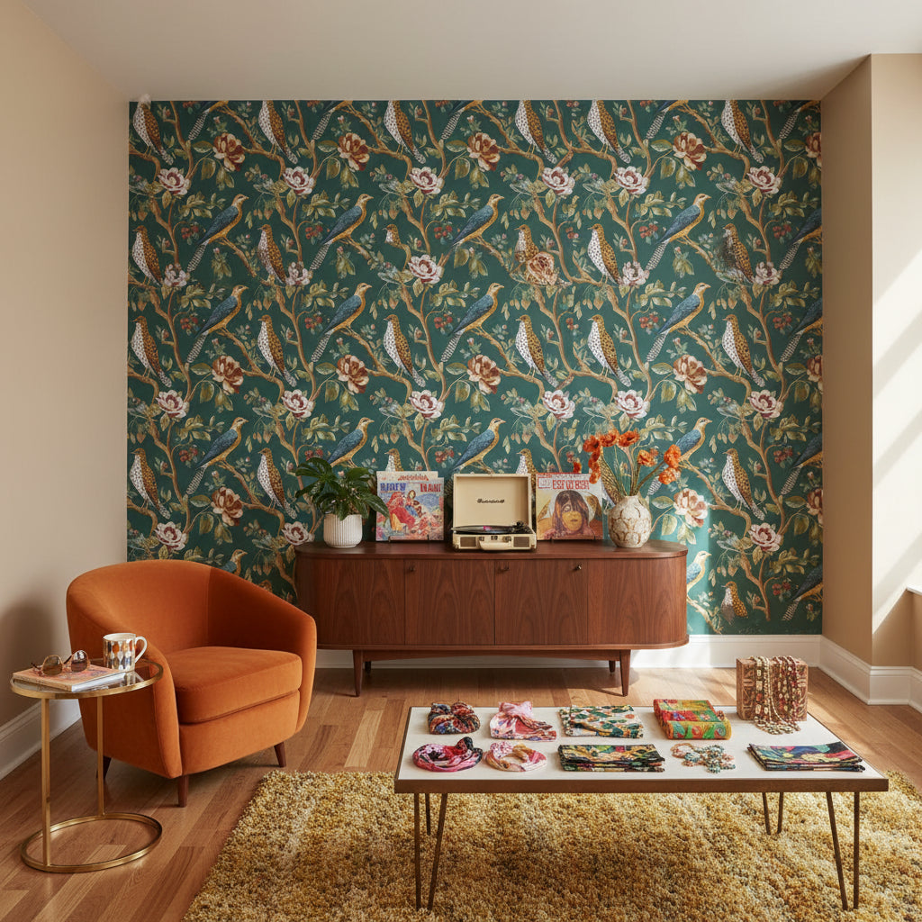 Emerald Green Floral and Bird Motif Wallpaper