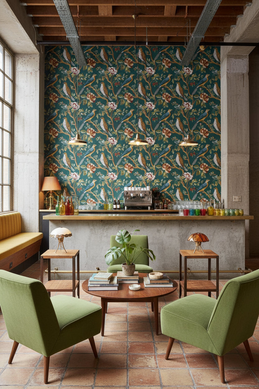 Emerald Green Floral and Bird Motif Wallpaper
