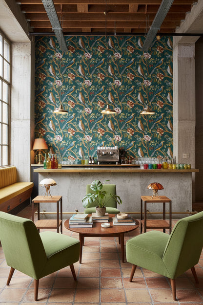 Emerald Green Floral and Bird Motif Wallpaper