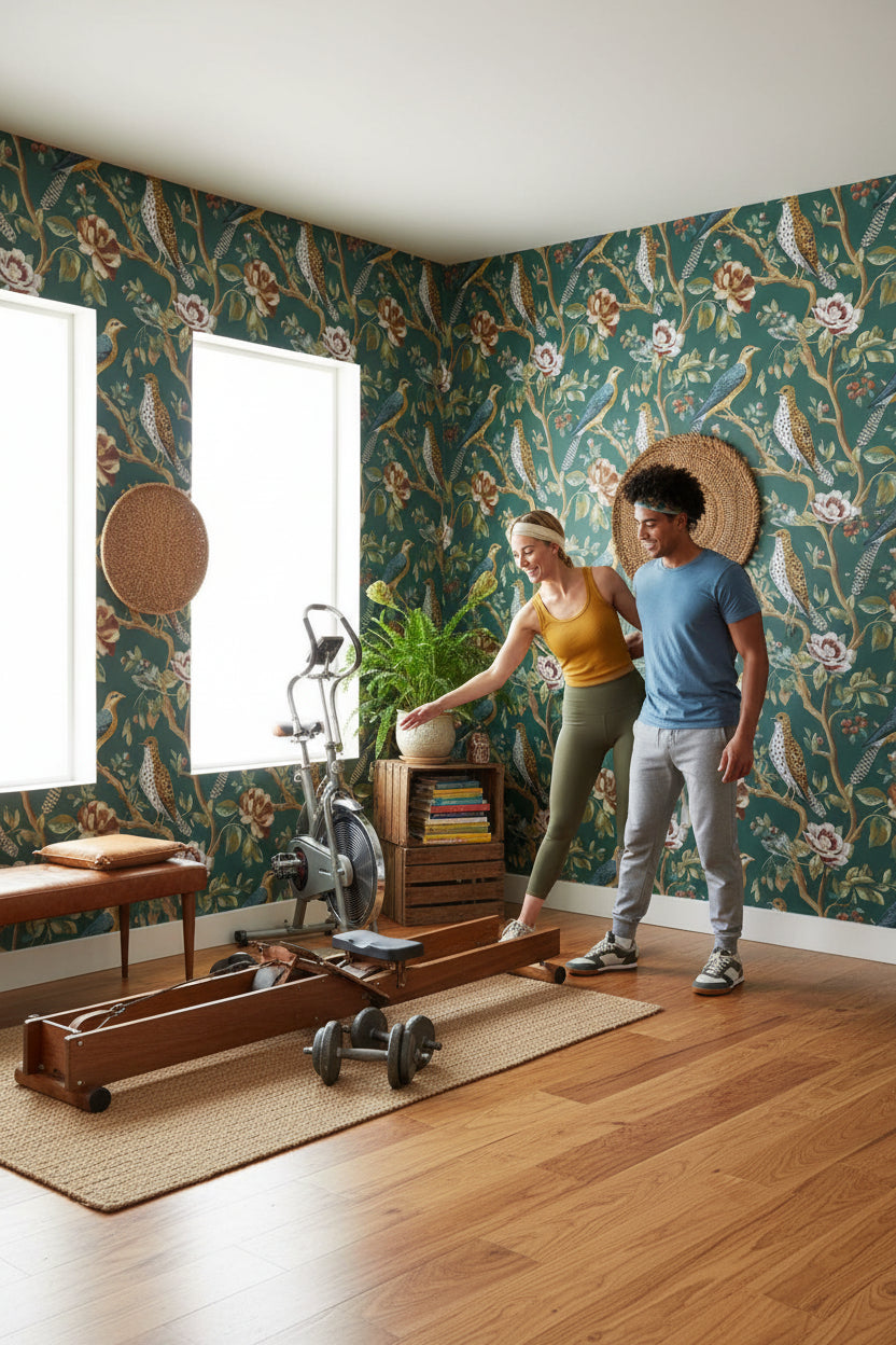 Emerald Green Floral and Bird Motif Wallpaper