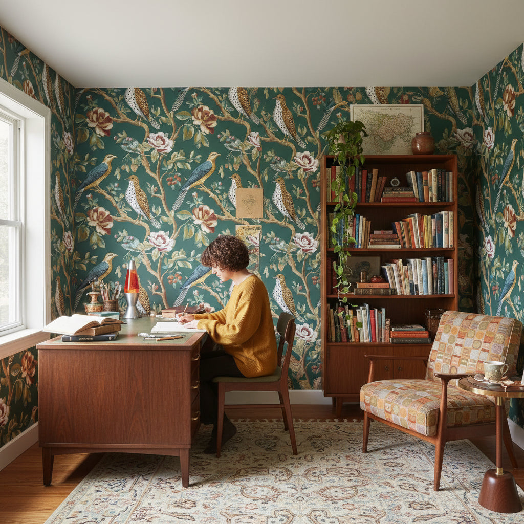 Emerald Green Floral and Bird Motif Wallpaper