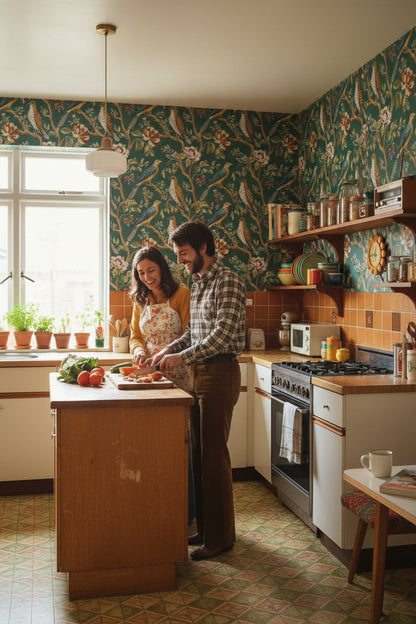 Emerald Green Floral and Bird Motif Wallpaper