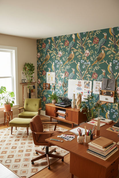 Emerald Green Bird and Rose Vintage Wallpaper