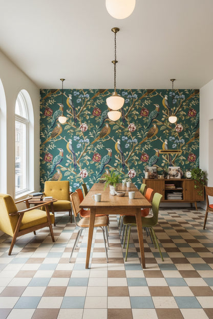 Emerald Green Bird and Rose Vintage Wallpaper