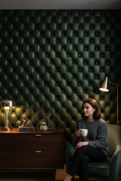 Emerald Green Quilted Leather Look Wallpaper