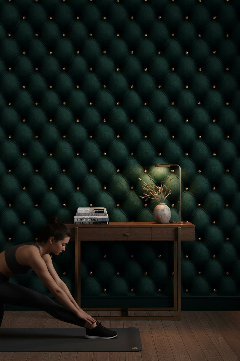 Emerald Green 3D Quilted Leather Texture Wallpaper