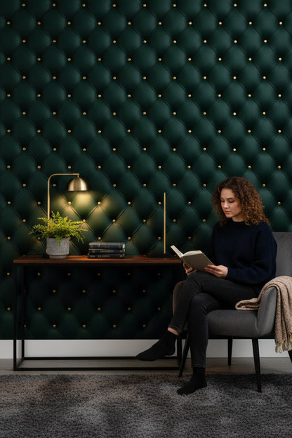 Emerald Green 3D Quilted Leather Texture Wallpaper