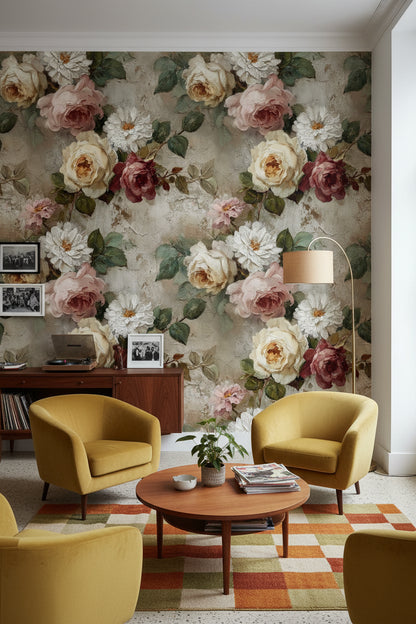 Vintage Beige Rose Floral Wallpaper
