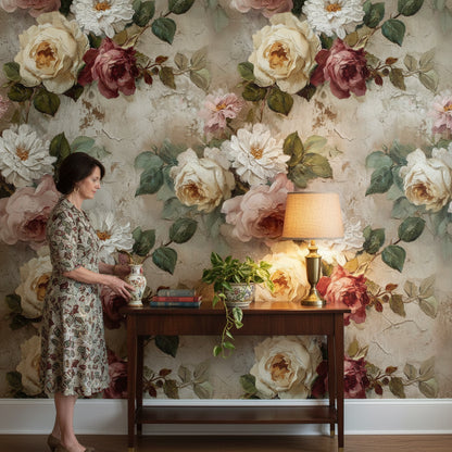 Vintage Beige Rose Floral Wallpaper