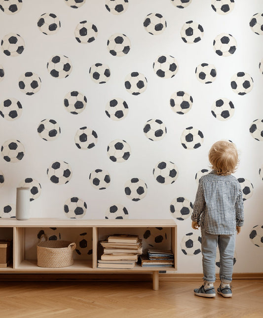 White Background Wallpaper Soccer Ball Mural Energetic Wall Decor
