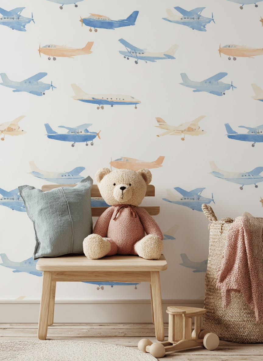 White Background Wallpaper Airplanes Playful Wall Mural