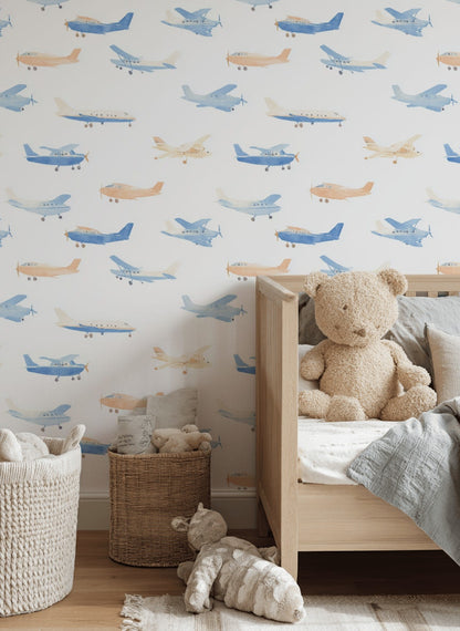 Whimsical Blue and Peach Airplane Kids Wallpaper