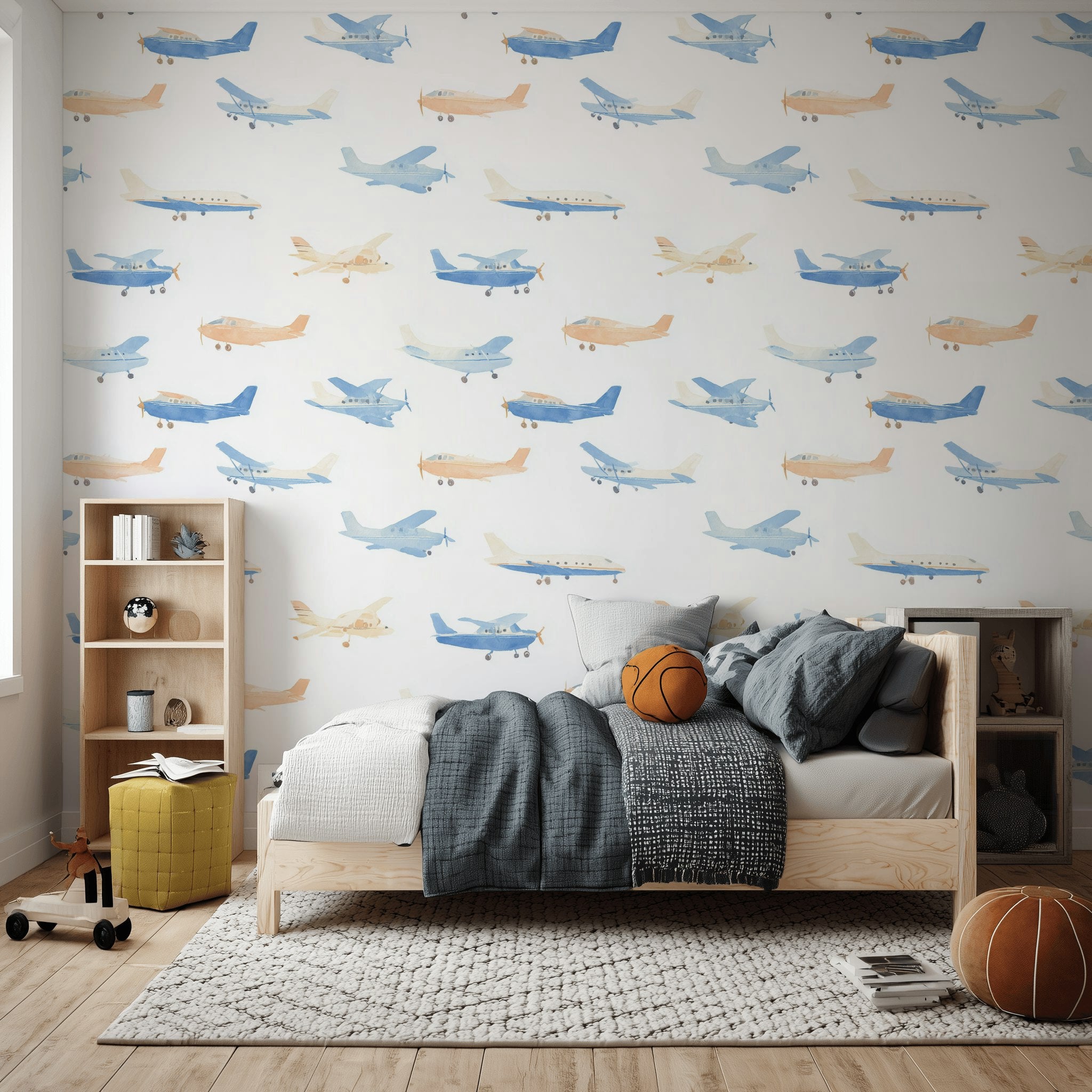 Whimsical Blue and Peach Airplane Kids Wallpaper