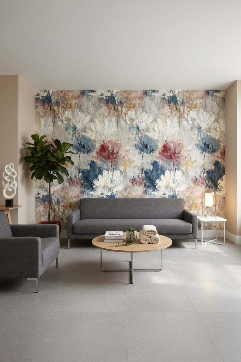 Neutral Blue Abstract Floral Brushstroke Wallpaper