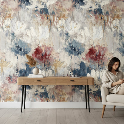 Neutral Blue Abstract Floral Brushstroke Wallpaper
