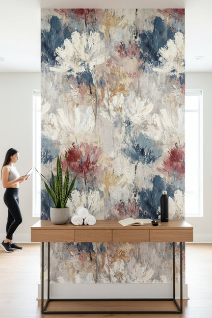 Neutral Blue Abstract Floral Brushstroke Wallpaper