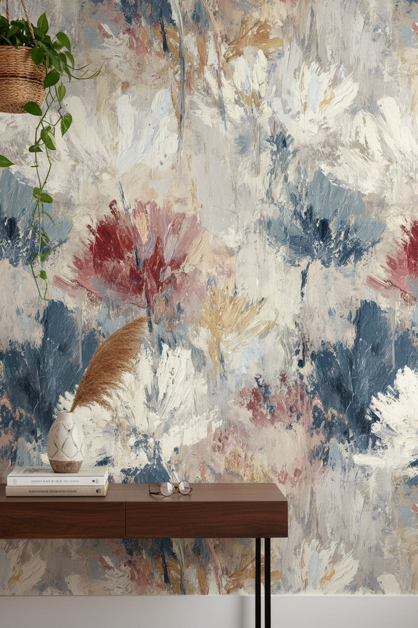 Neutral Blue Abstract Floral Brushstroke Wallpaper