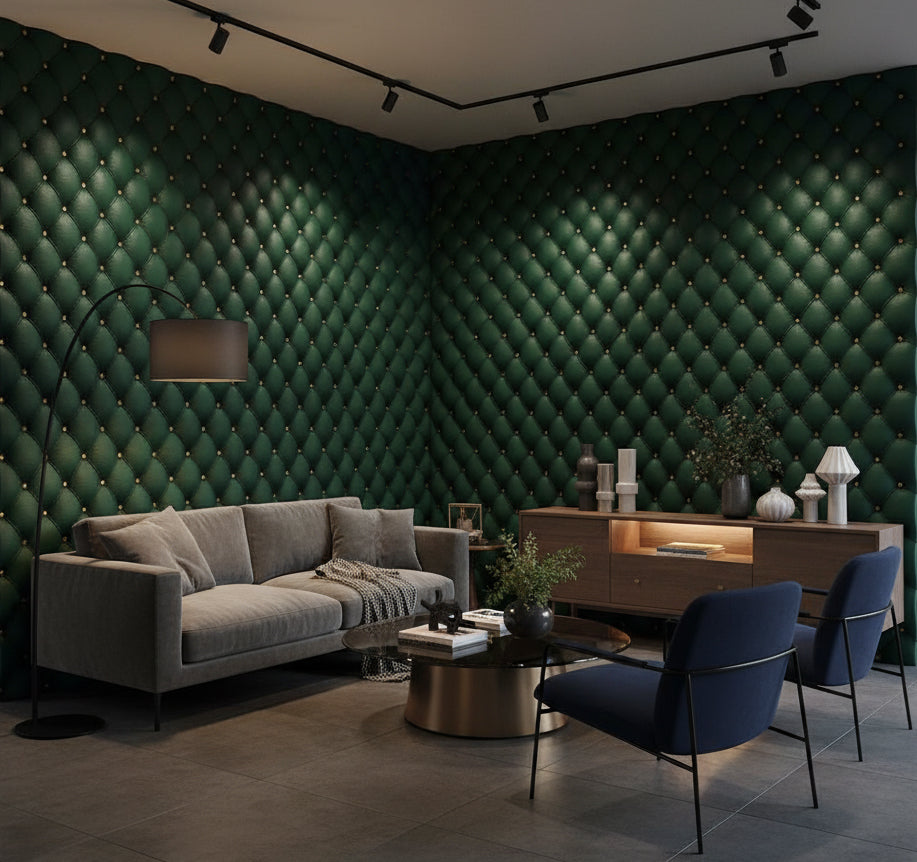 Emerald Green 3D Quilted Leather Texture Wallpaper