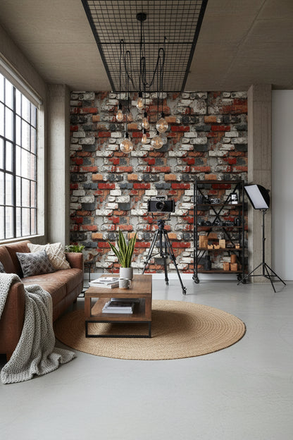 Rustic Red and Gray Distressed Brick Wallpaper