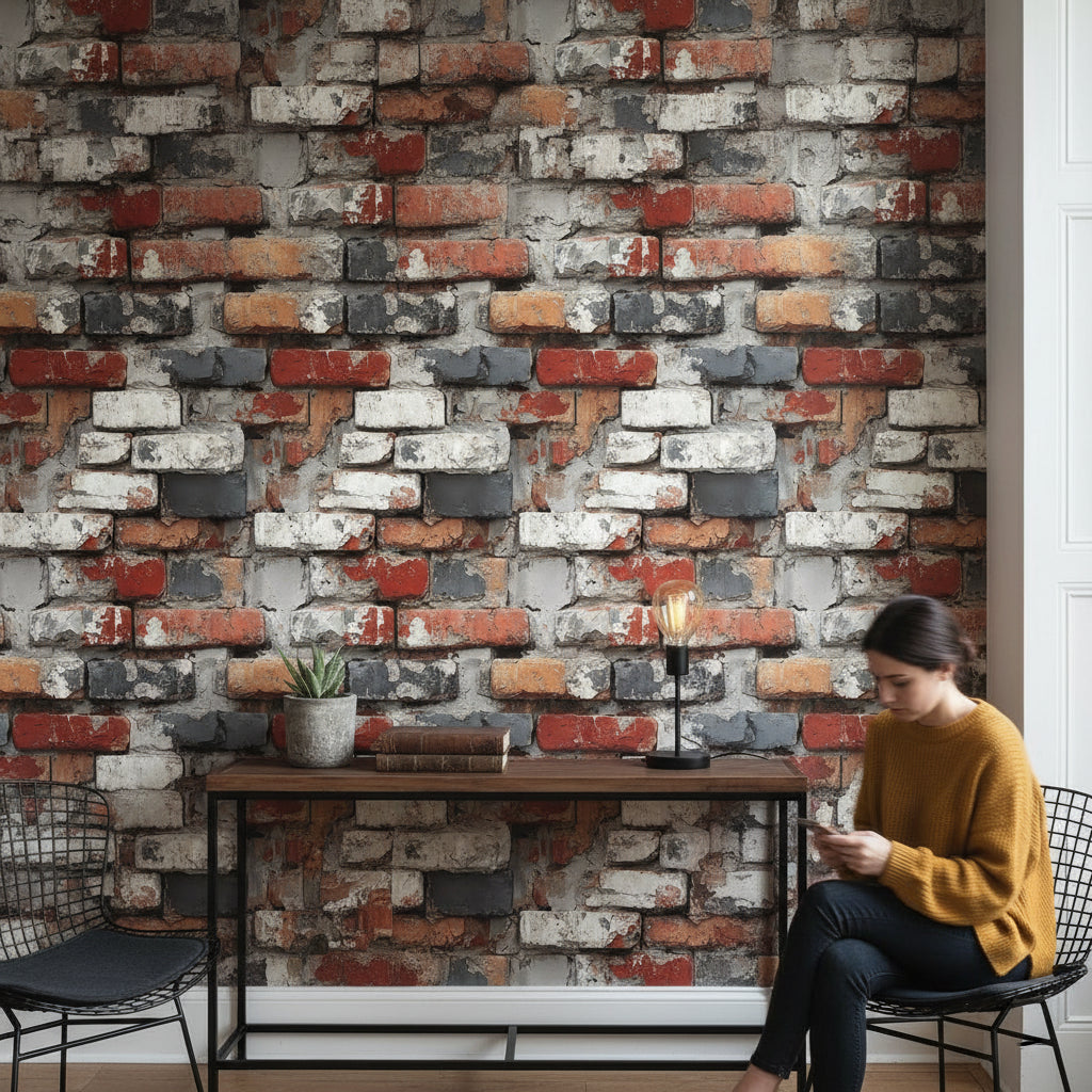 Rustic Red and Gray Distressed Brick Wallpaper