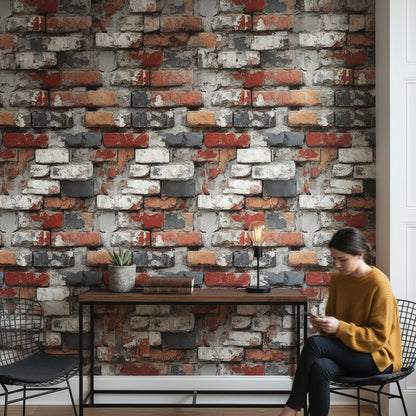 Rustic Red and Gray Distressed Brick Wallpaper