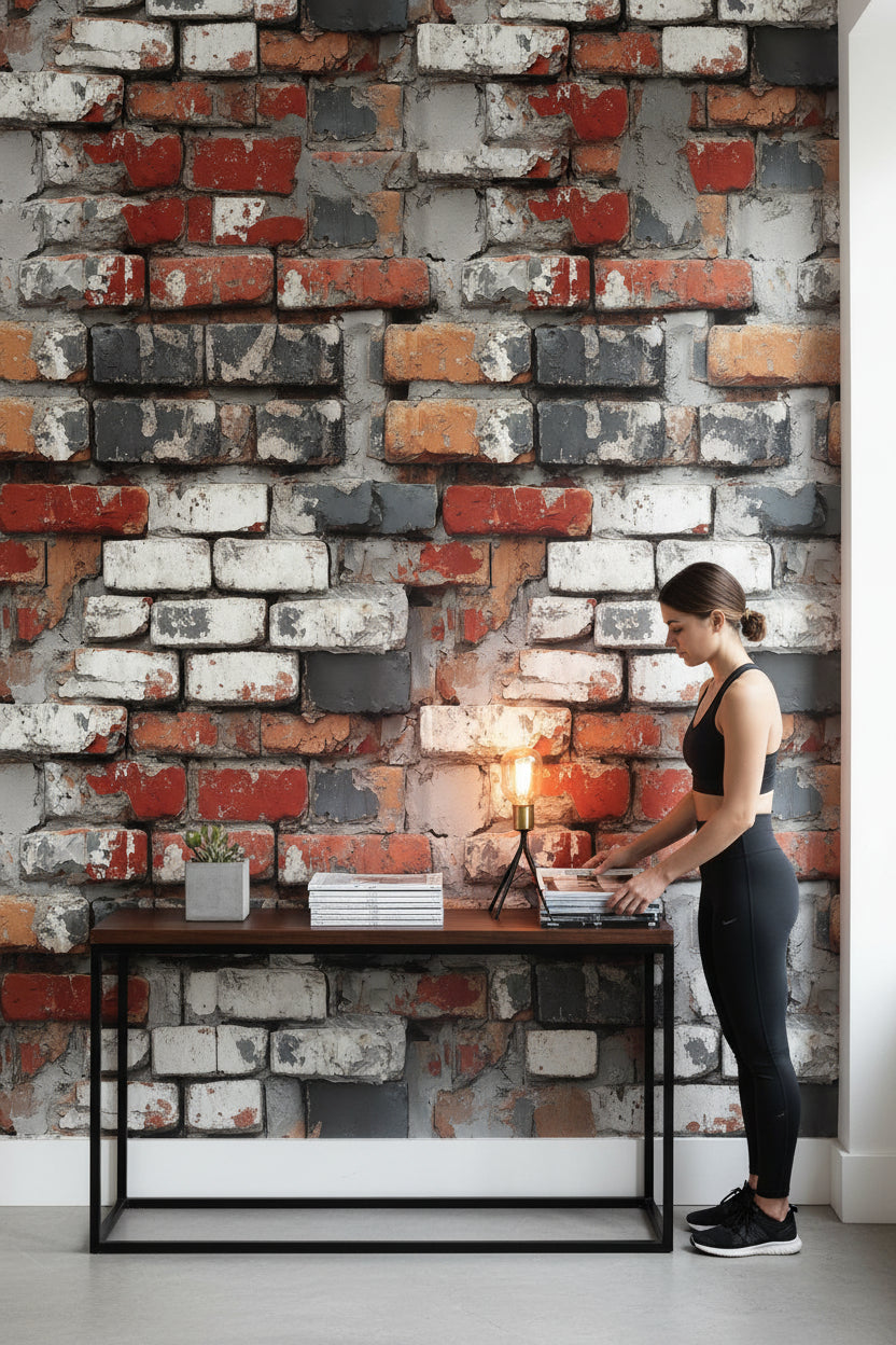 Rustic Red and Gray Distressed Brick Wallpaper