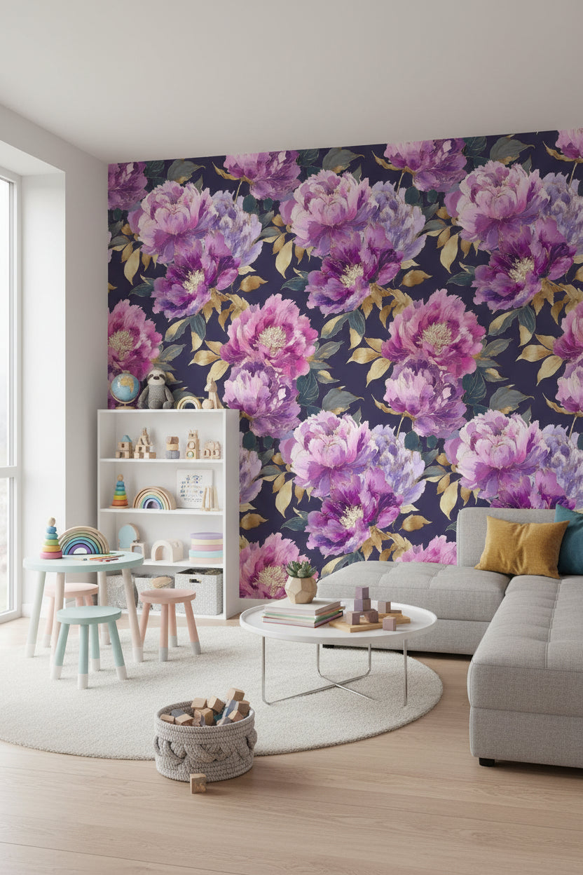 Floral Wallpaper Peonies Purple Removable Wall Decor