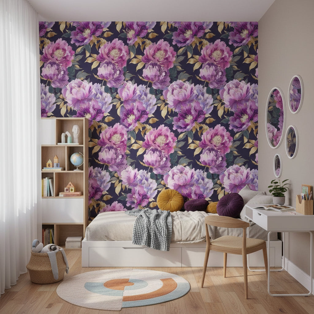 Floral Wallpaper Peonies Purple Removable Wall Decor