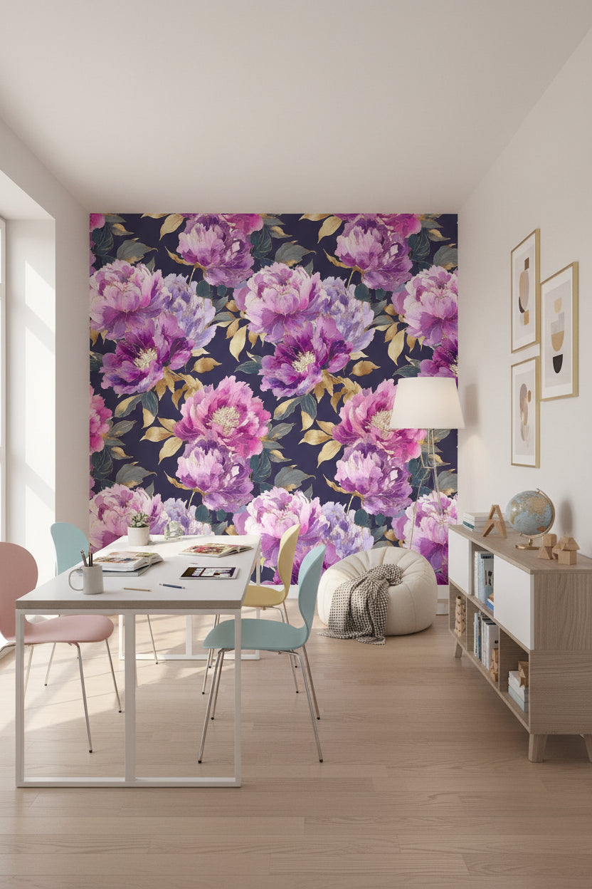 Floral Wallpaper Peonies Purple Removable Wall Decor