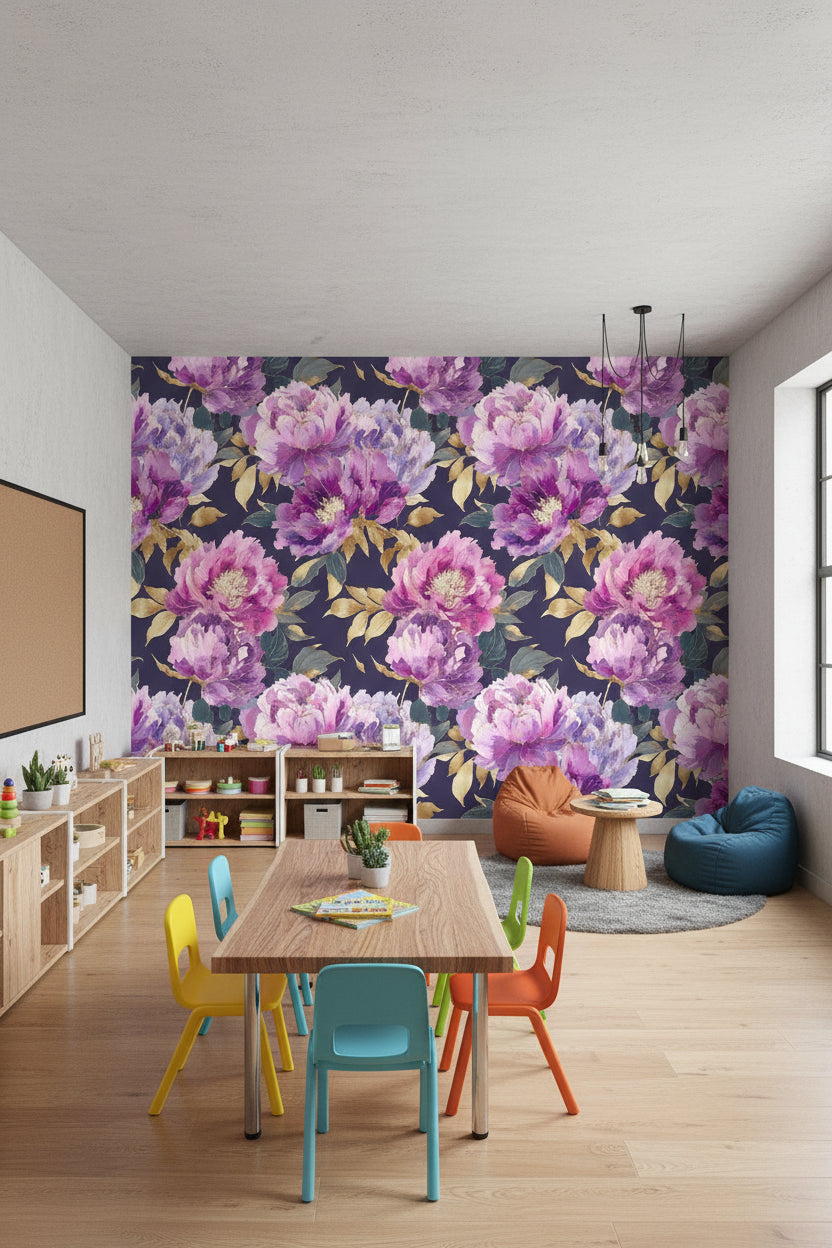 Floral Wallpaper Peonies Purple Removable Wall Decor