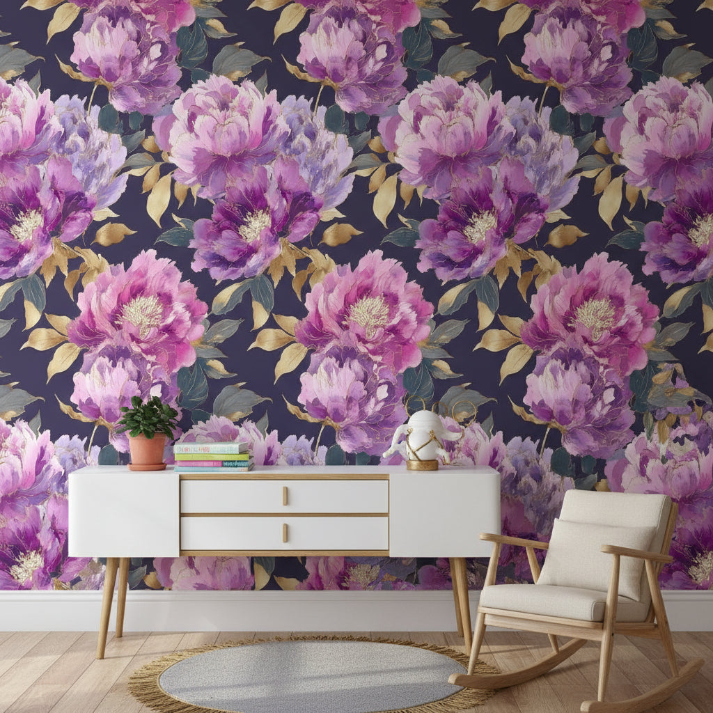 Floral Wallpaper Peonies Purple Removable Wall Decor