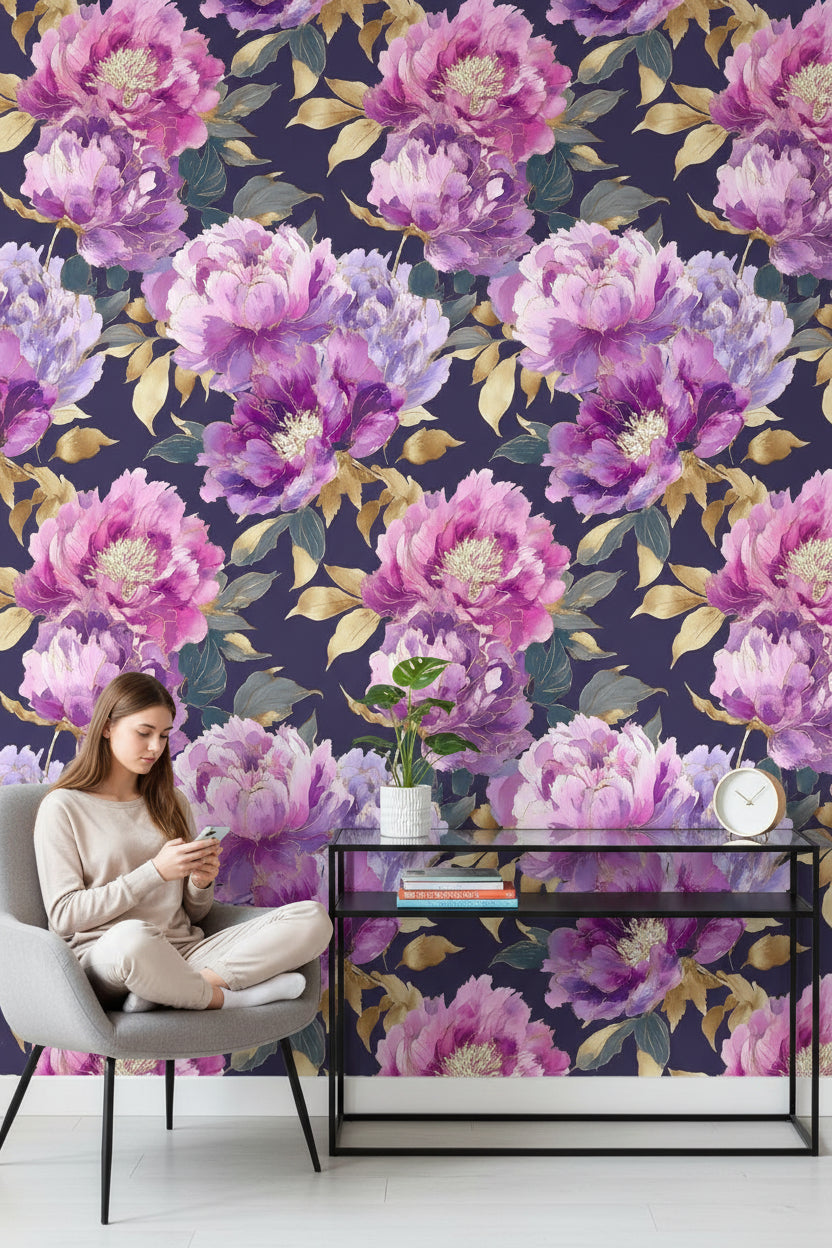 Floral Wallpaper Peonies Purple Removable Wall Decor