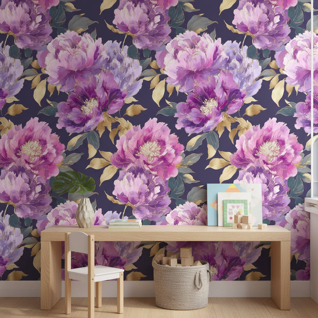 Floral Wallpaper Peonies Purple Removable Wall Decor