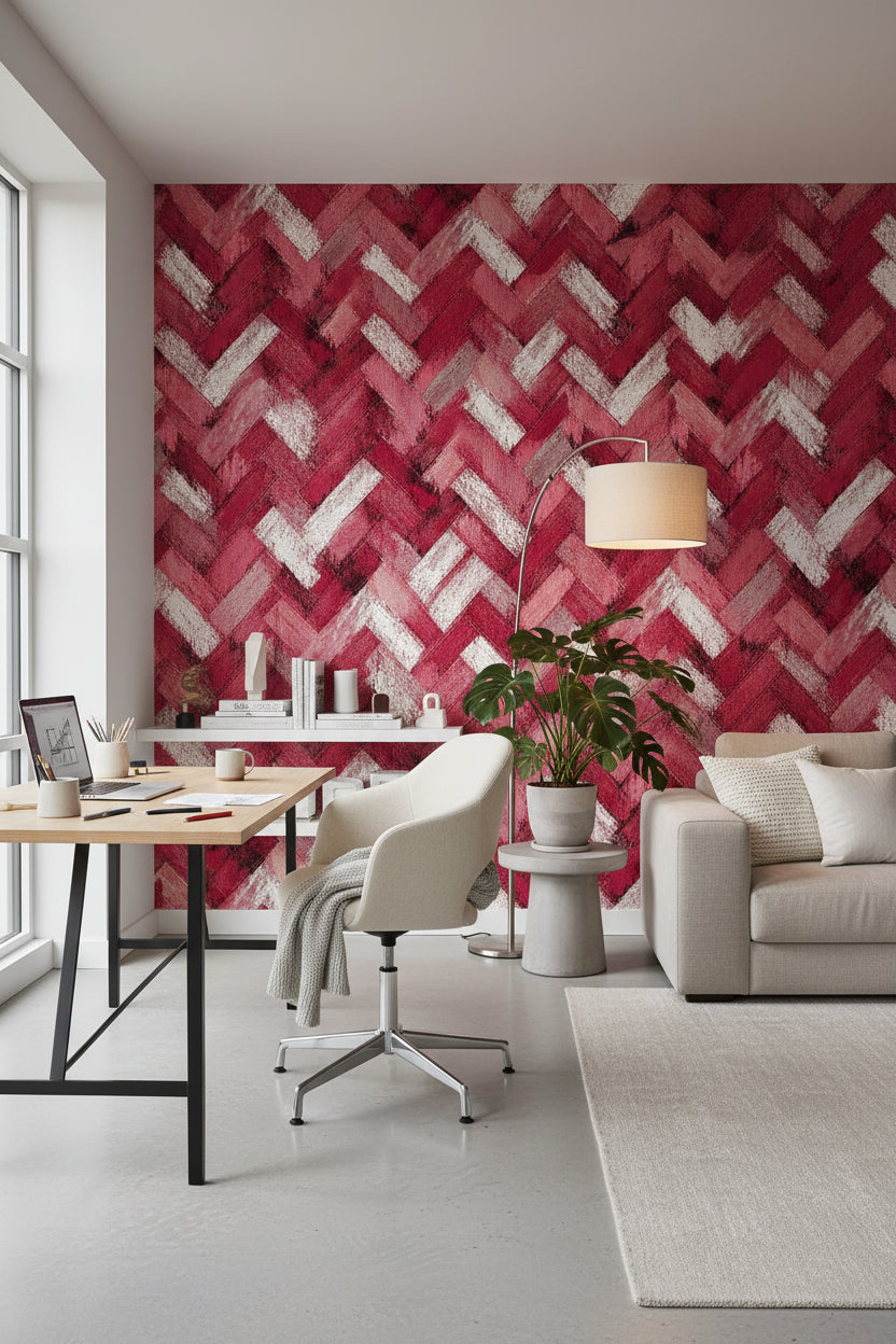 Crimson Red Chevron Textured Wallpaper