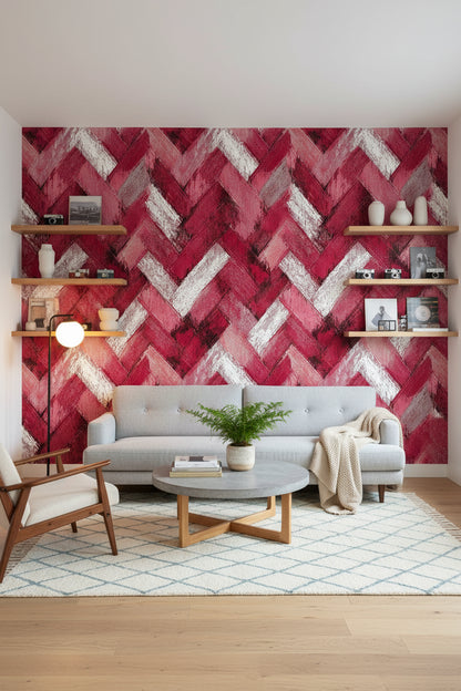Crimson Red Chevron Textured Wallpaper