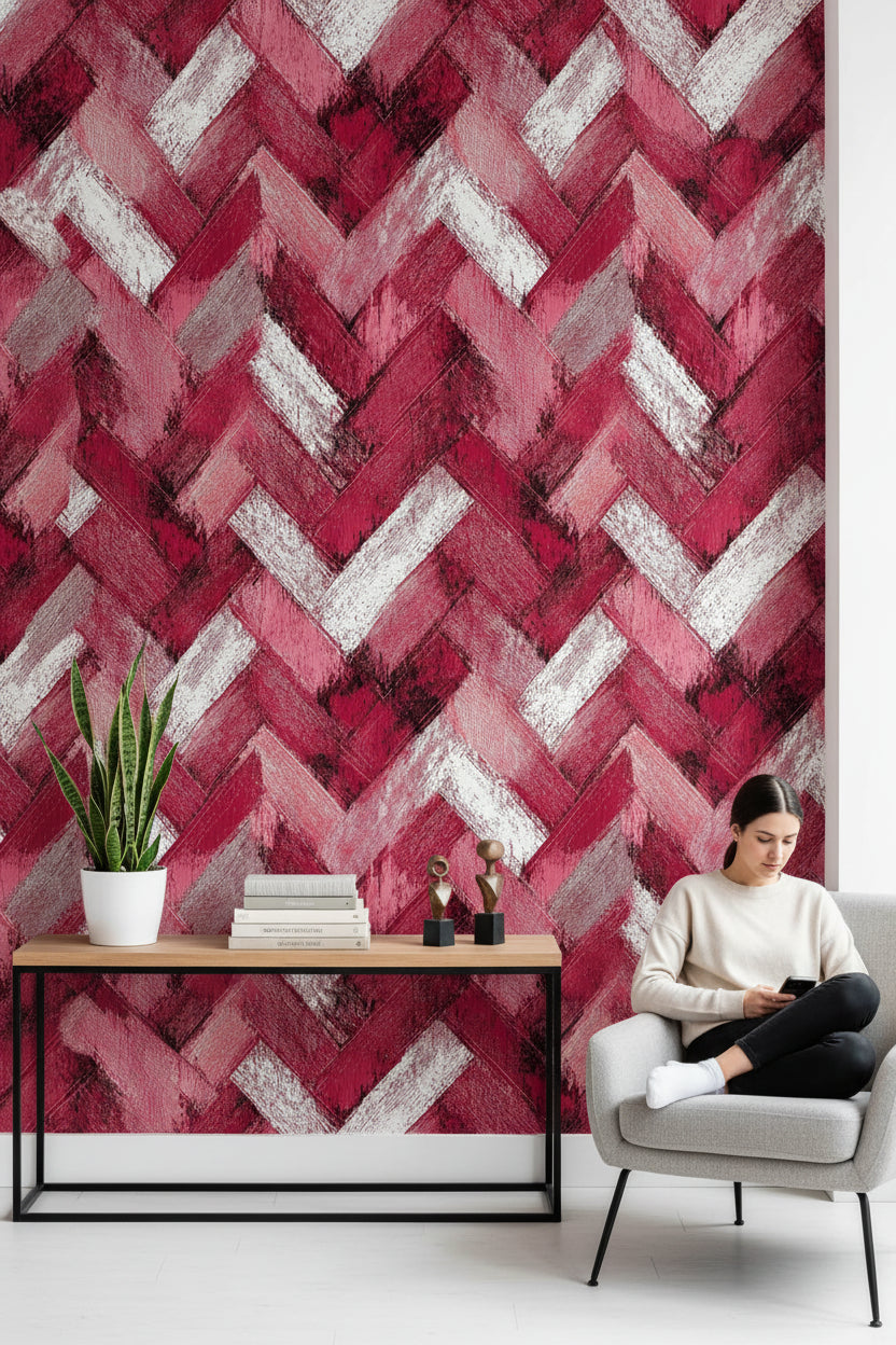 Crimson Red Chevron Textured Wallpaper