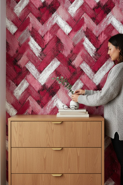 Crimson Red Chevron Textured Wallpaper