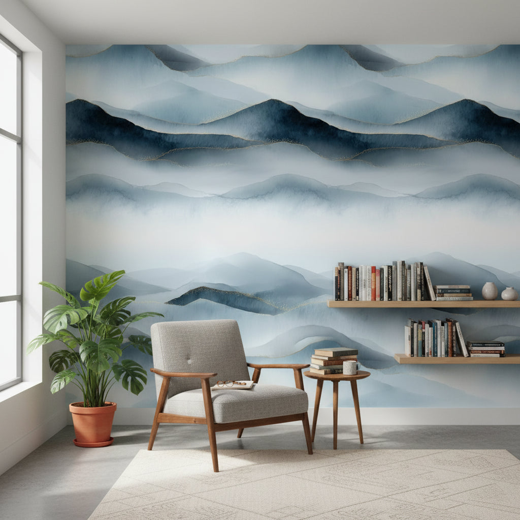 Serene Blue Watercolor Mountain Landscape Wallpaper