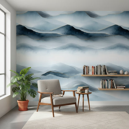 Serene Blue Watercolor Mountain Landscape Wallpaper