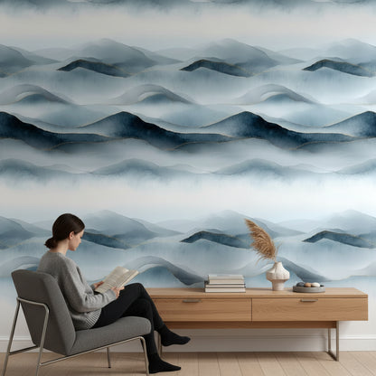 Serene Blue Watercolor Mountain Landscape Wallpaper
