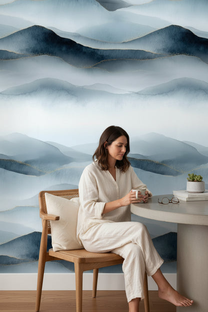 Serene Blue Watercolor Mountain Landscape Wallpaper