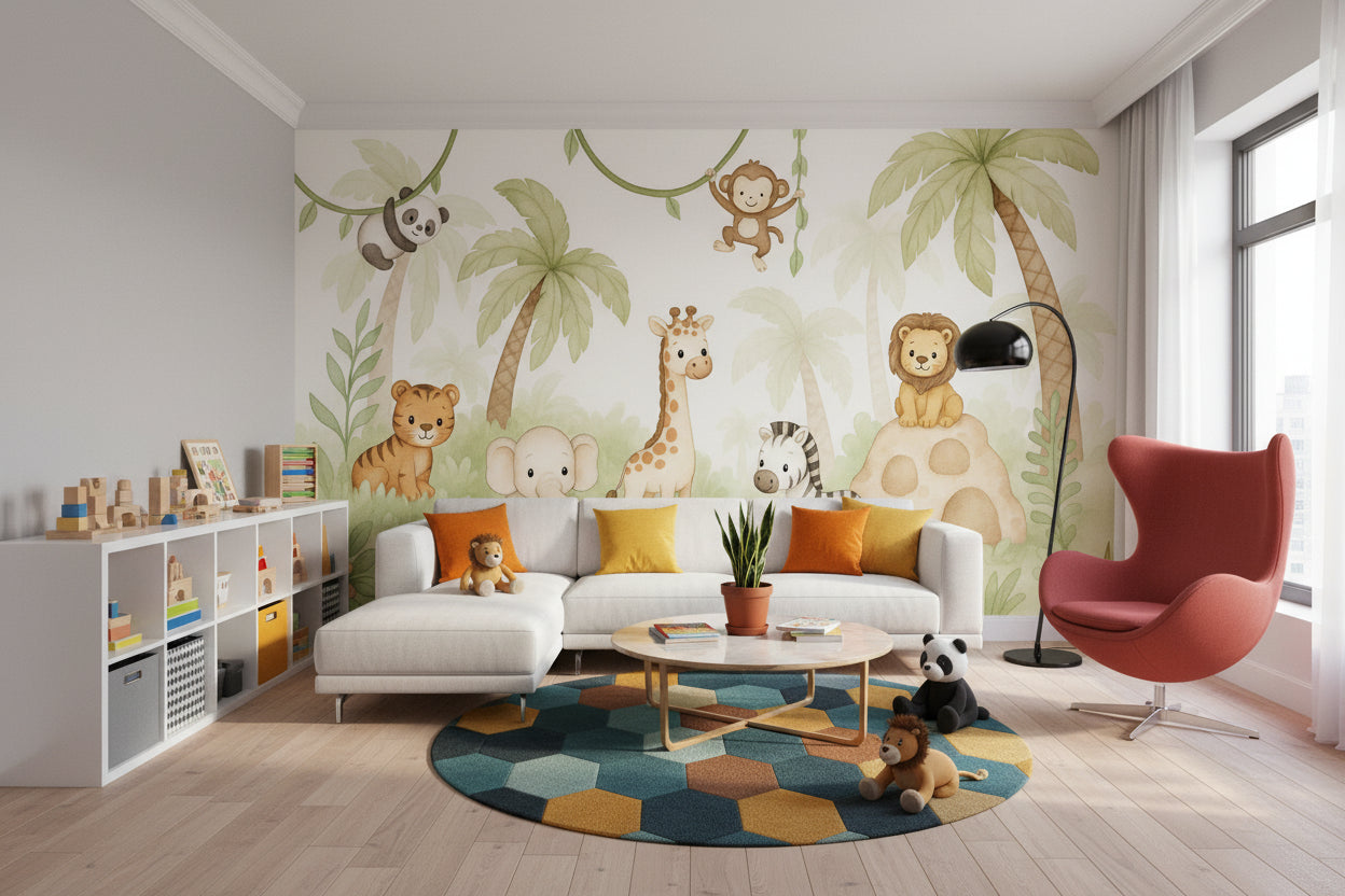 Jungle Wallpaper Animals Cartoon Wall Mural
