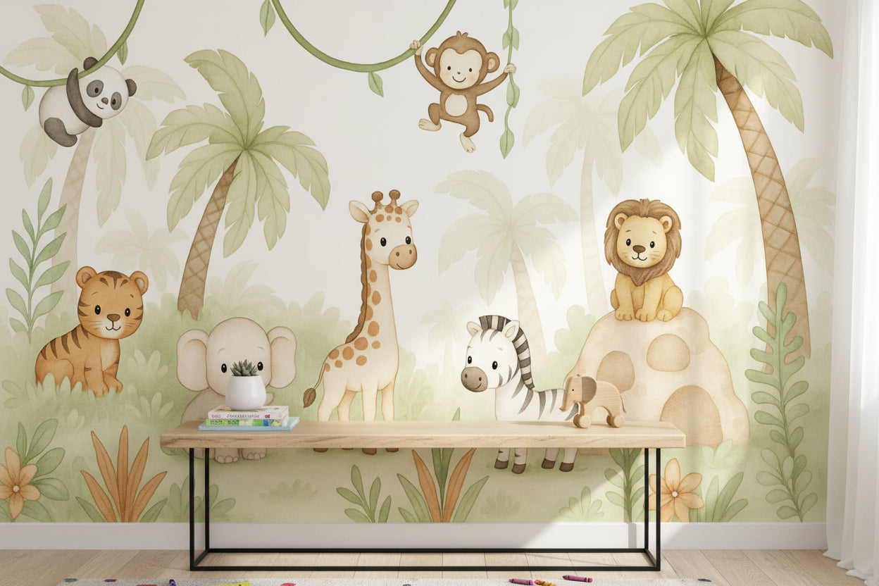 Jungle Wallpaper Animals Cartoon Wall Mural