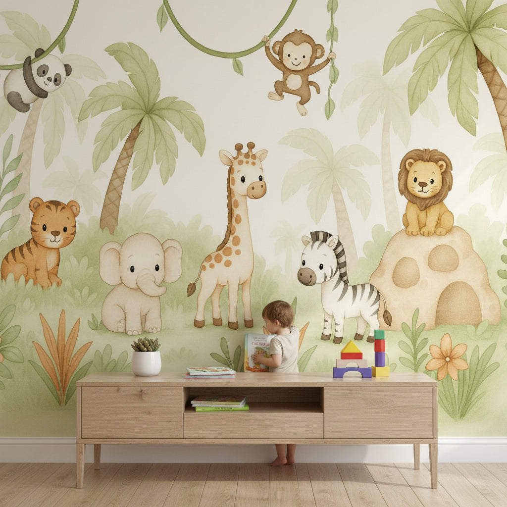 Jungle Wallpaper Animals Cartoon Wall Mural
