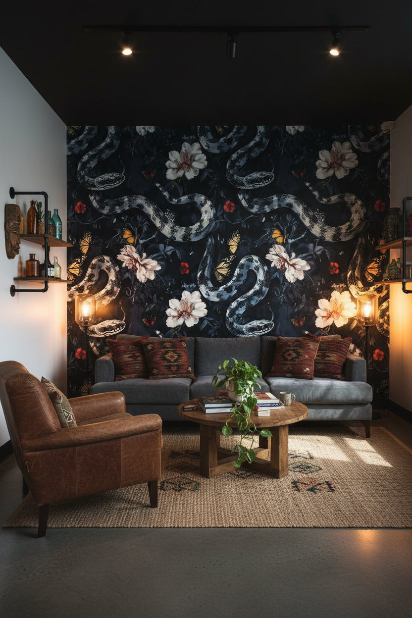 Floral Wallpaper Snake Dark Wall Mural