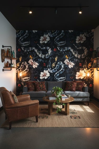 Dark Floral and Serpentine Motif Wallpaper