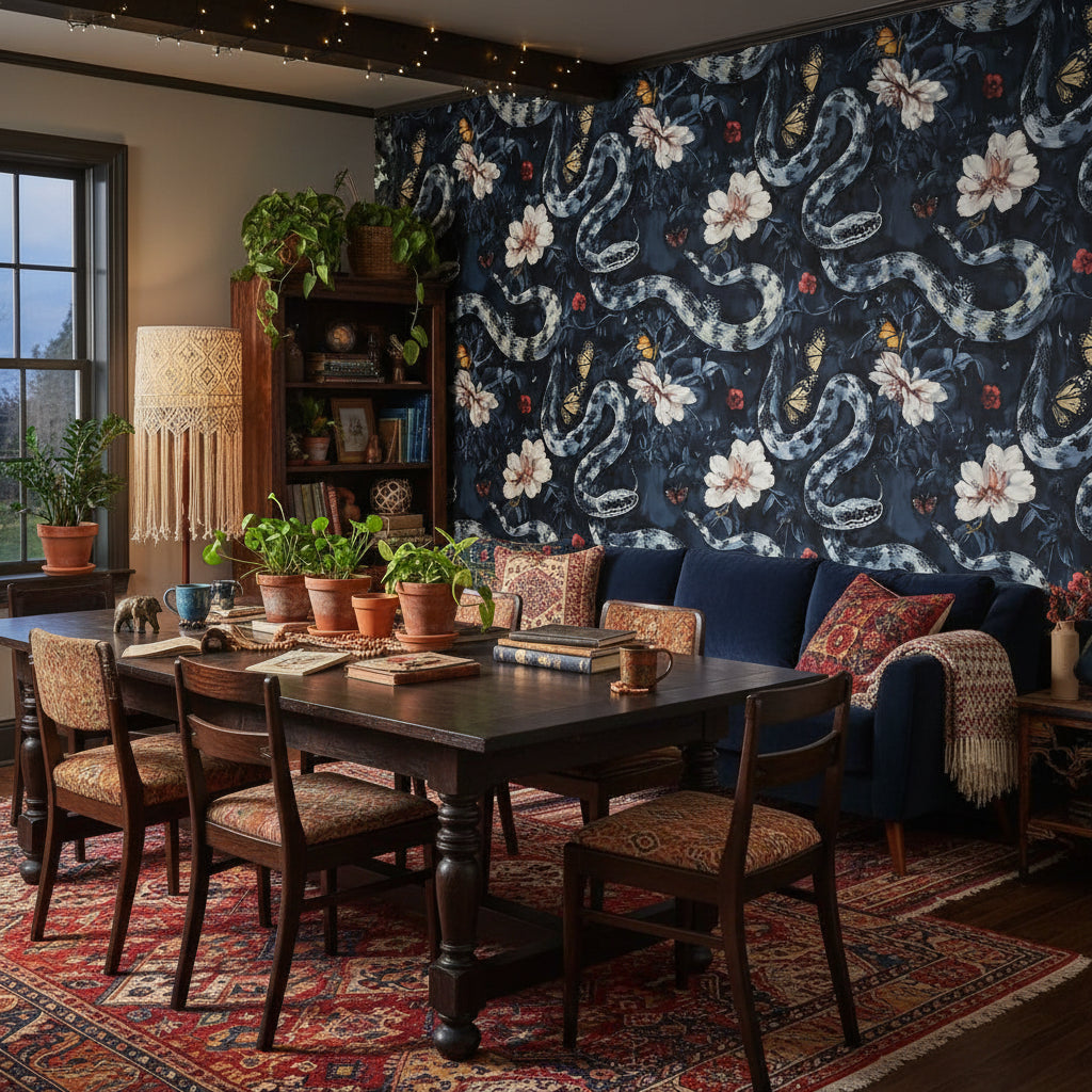 Dark Floral and Serpentine Motif Wallpaper