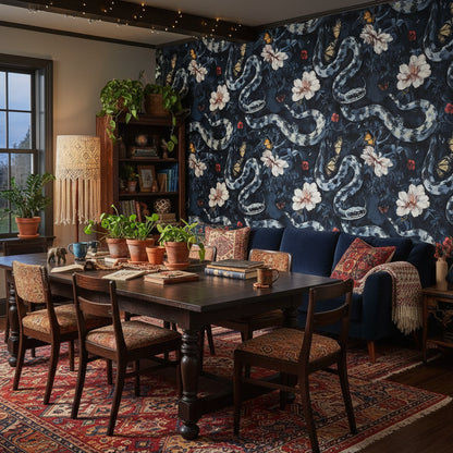 Dark Floral and Serpentine Motif Wallpaper